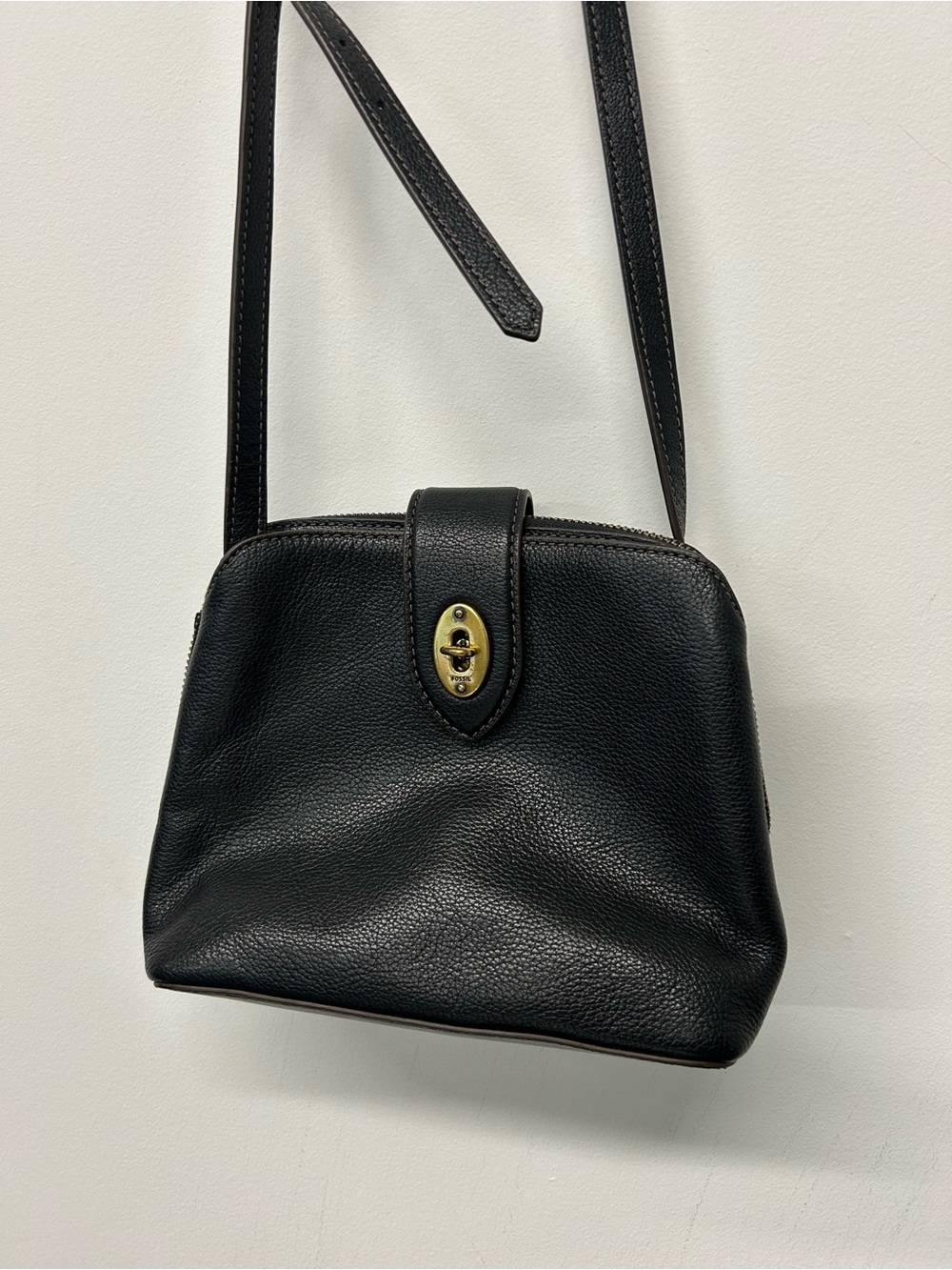 Fossil Black Leather Crossbody with Gold Turn-Lock